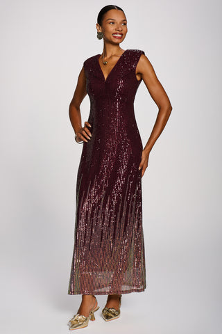 Multi-tone Patterned Sequin Maxi Dress, Burgundy Multi