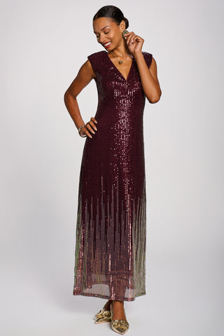 Multi-tone Patterned Sequin Maxi Dress, Burgundy Multi