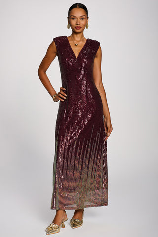 Multi-tone Patterned Sequin Maxi Dress, Burgundy Multi