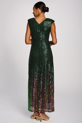 Multi-tone Patterned Sequin Maxi Dress, Green Multi