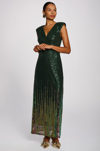 Multi-tone Patterned Sequin Maxi Dress, Green Multi