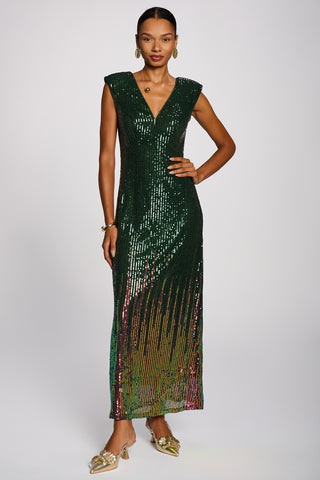 Multi-tone Patterned Sequin Maxi Dress, Green Multi