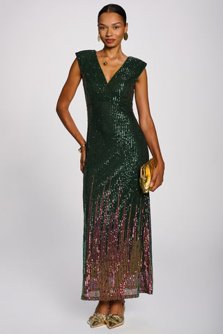 Multi-tone Patterned Sequin Maxi Dress, Green Multi