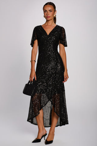 Sequin Angel Sleeve Flare Hem Maxi Dress, Black