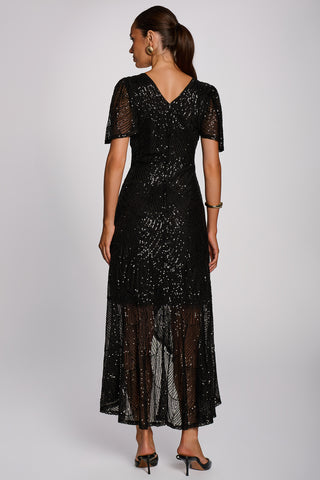Sequin Angel Sleeve Flare Hem Maxi Dress, Black
