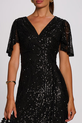 Sequin Angel Sleeve Flare Hem Maxi Dress, Black