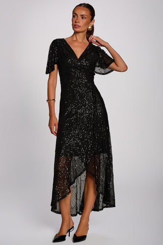 Sequin Angel Sleeve Flare Hem Maxi Dress, Black
