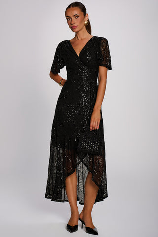 Sequin Angel Sleeve Flare Hem Maxi Dress, Black