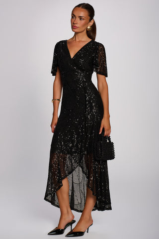 Sequin Angel Sleeve Flare Hem Maxi Dress, Black