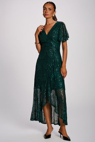 Sequin Angel Sleeve Flare Hem Maxi Dress, Dark Green