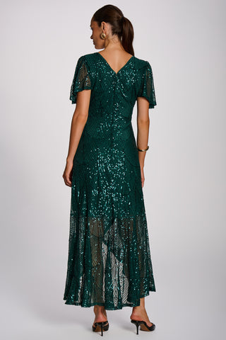 Sequin Angel Sleeve Flare Hem Maxi Dress, Dark Green