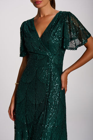 Sequin Angel Sleeve Flare Hem Maxi Dress, Dark Green