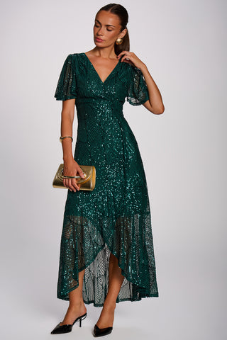 Sequin Angel Sleeve Flare Hem Maxi Dress, Dark Green