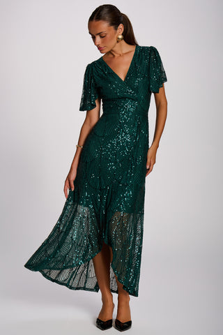 Sequin Angel Sleeve Flare Hem Maxi Dress, Dark Green