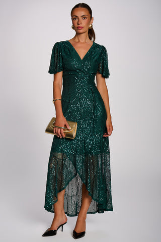 Sequin Angel Sleeve Flare Hem Maxi Dress, Dark Green
