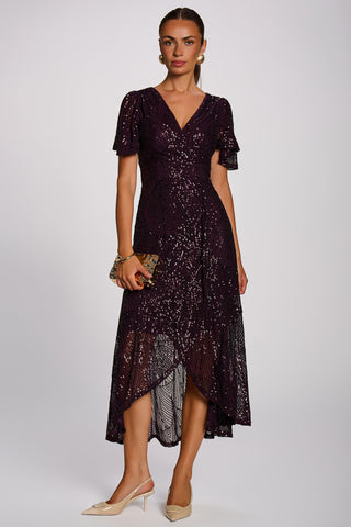 Sequin Angel Sleeve Flare Hem Maxi Dress, Deep Plum