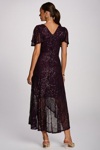 Sequin Angel Sleeve Flare Hem Maxi Dress, Deep Plum