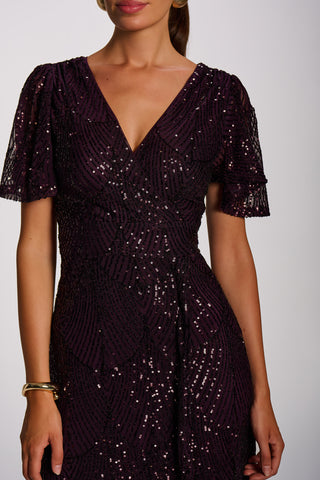 Sequin Angel Sleeve Flare Hem Maxi Dress, Deep Plum