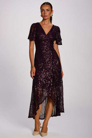 Sequin Angel Sleeve Flare Hem Maxi Dress, Deep Plum