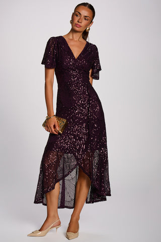 Sequin Angel Sleeve Flare Hem Maxi Dress, Deep Plum