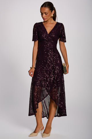 Sequin Angel Sleeve Flare Hem Maxi Dress, Deep Plum