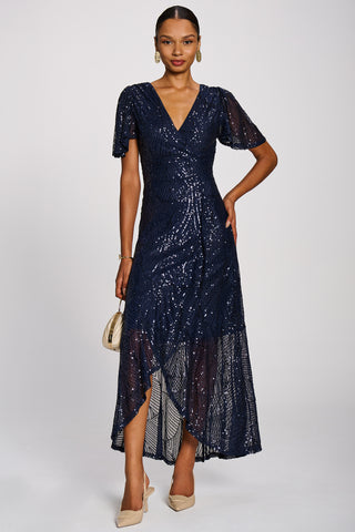 Sequin Angel Sleeve Flare Hem Maxi Dress, Midnight Navy