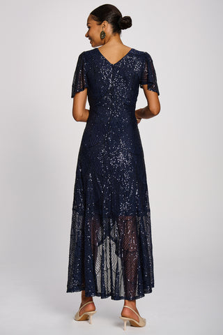 Sequin Angel Sleeve Flare Hem Maxi Dress, Midnight Navy