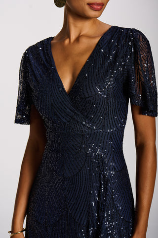 Sequin Angel Sleeve Flare Hem Maxi Dress, Midnight Navy