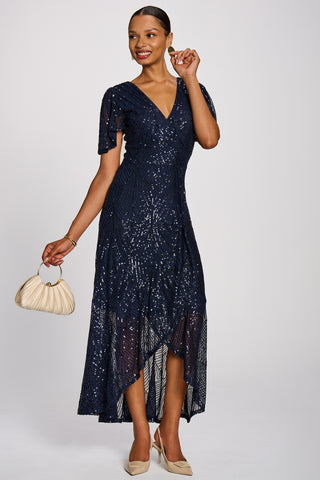 Sequin Angel Sleeve Flare Hem Maxi Dress, Midnight Navy