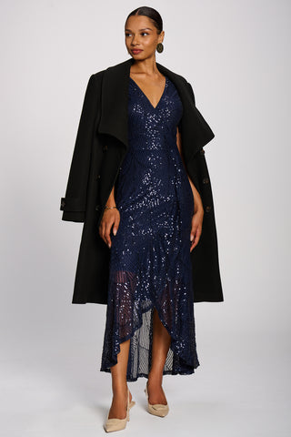 Sequin Angel Sleeve Flare Hem Maxi Dress, Midnight Navy