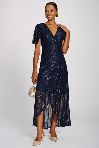 Sequin Angel Sleeve Flare Hem Maxi Dress, Midnight Navy