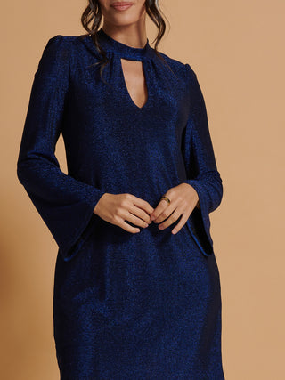 Jolie Moi Metallic Keyhole Detail Tunic Dress in Royal Blue, Close Up
