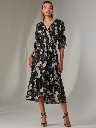 Rita Ruffle Hem Chiffon Midi Dress, Black Floral