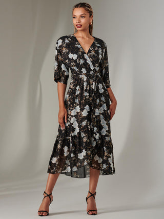 Rita Ruffle Hem Chiffon Midi Dress, Black Floral