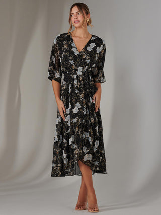 Rita Ruffle Hem Chiffon Midi Dress, Black Floral