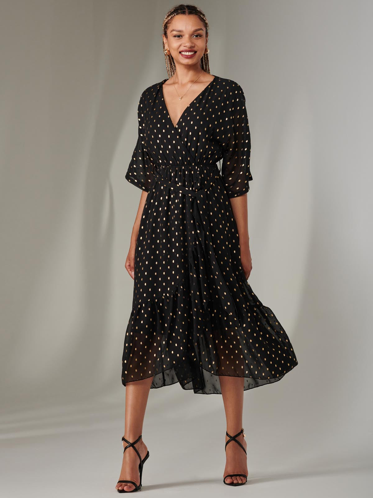 Rita Ruffle Hem Chiffon Midi Dress, Black/Gold – Jolie Moi Retail