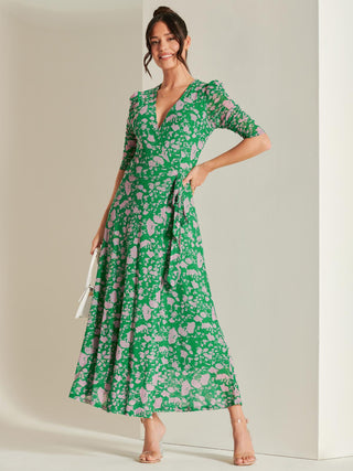 Daliyah Wrap Front Mesh Maxi Dress, Green Floral