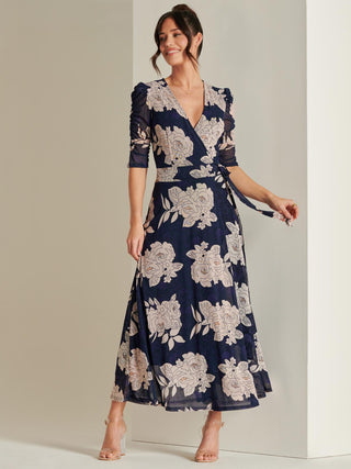 Daliyah Wrap Front Mesh Maxi Dress, Navy Floral