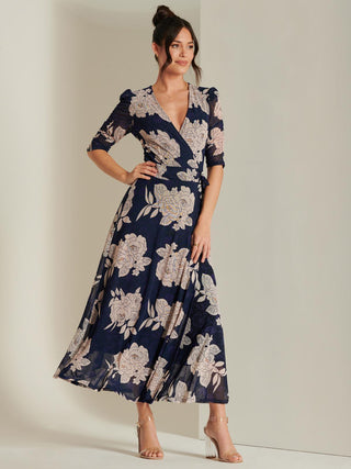 Daliyah Wrap Front Mesh Maxi Dress, Navy Floral