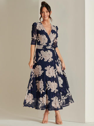 Daliyah Wrap Front Mesh Maxi Dress, Navy Floral