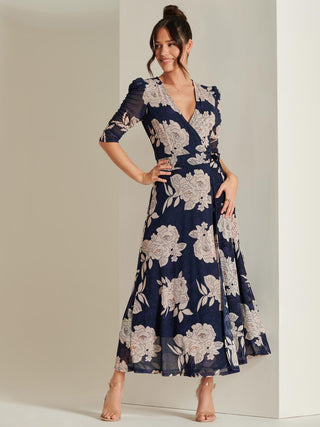 Daliyah Wrap Front Mesh Maxi Dress, Navy Floral