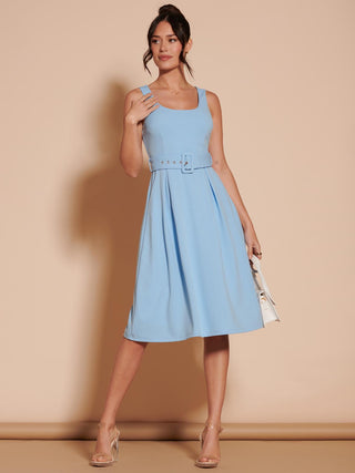 1950's Inspired Belted Swing Dress, Blue