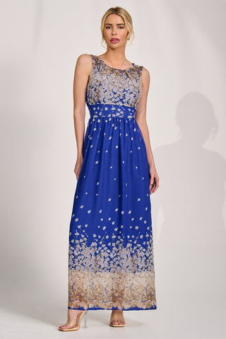 Feather Belted Maxi Dress, Blue Floral