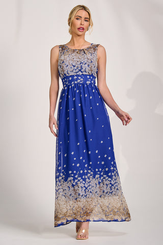 Feather Belted Maxi Dress, Blue Floral