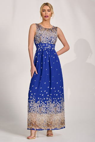 Feather Belted Maxi Dress, Blue Floral