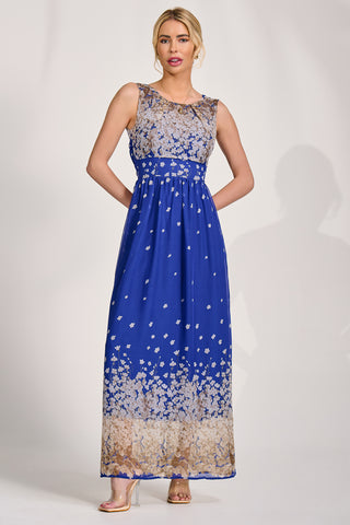 Feather Belted Maxi Dress, Blue Floral