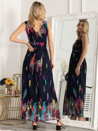 Feather Belted Maxi Dress, Navy Pattern