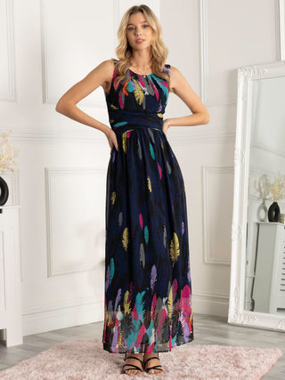 Feather Belted Maxi Dress, Navy Pattern