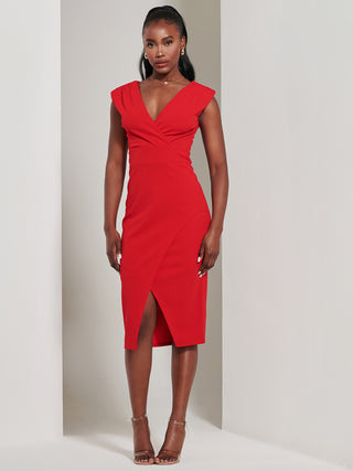 Yseult V-Neck Split Bodycon Dress, Red