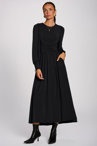 Long Sleeve Sheen Jersey Maxi Dress, Black
